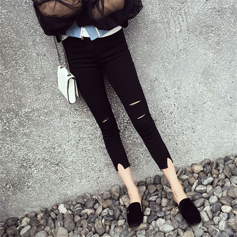 Pencil pants female students elastic holes in fall 2020 black tight outer wear holes thin 7-point Leggings female