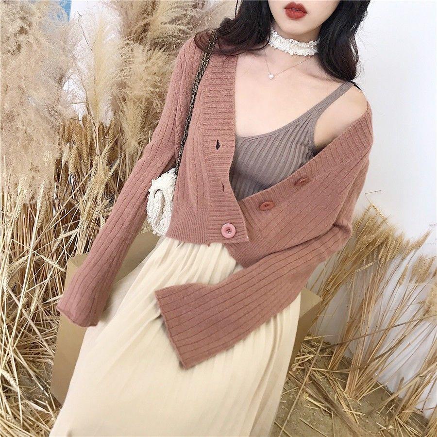 Retro chic style spring and autumn new lazy temperament trumpet sleeve short knitwear women's cardigan sweater outerwear women's fashion
