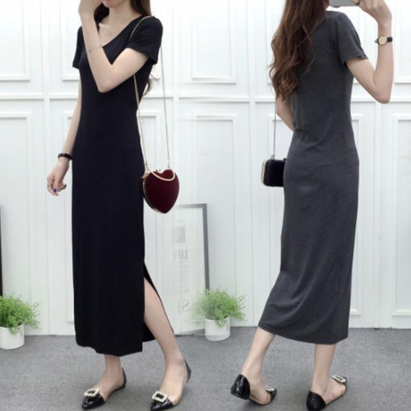 Spring and summer Korean large loose short sleeve dress V-neck fat side split long skirt women's modal versatile skirt