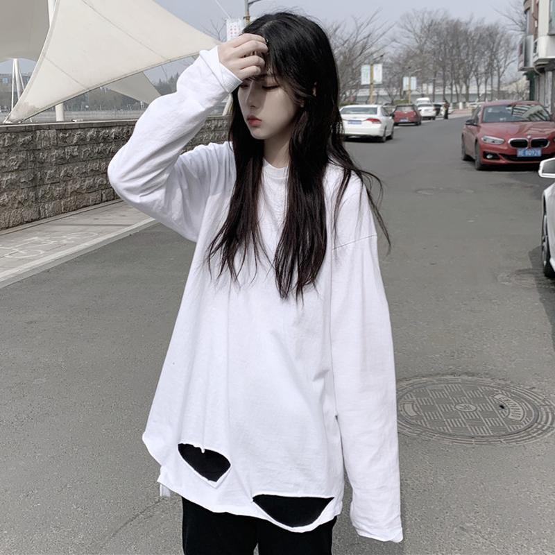 Spring and autumn Korean women's loose white broken hole round neck long sleeve T-shirt for men and women lovers