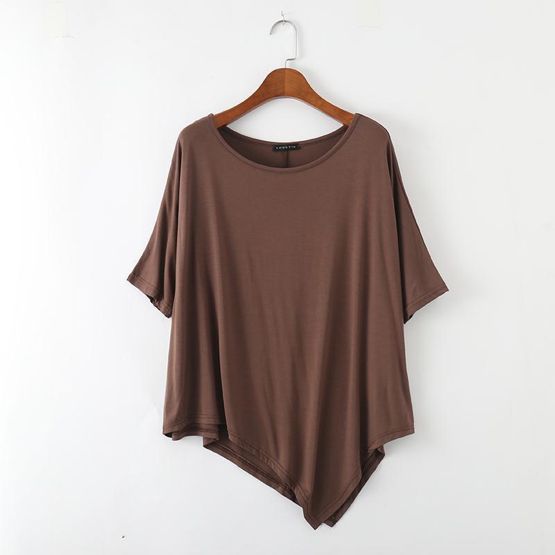 Irregular modal top women's summer mid-length bat sleeve short-sleeved T-shirt large size loose round neck bottoming shirt