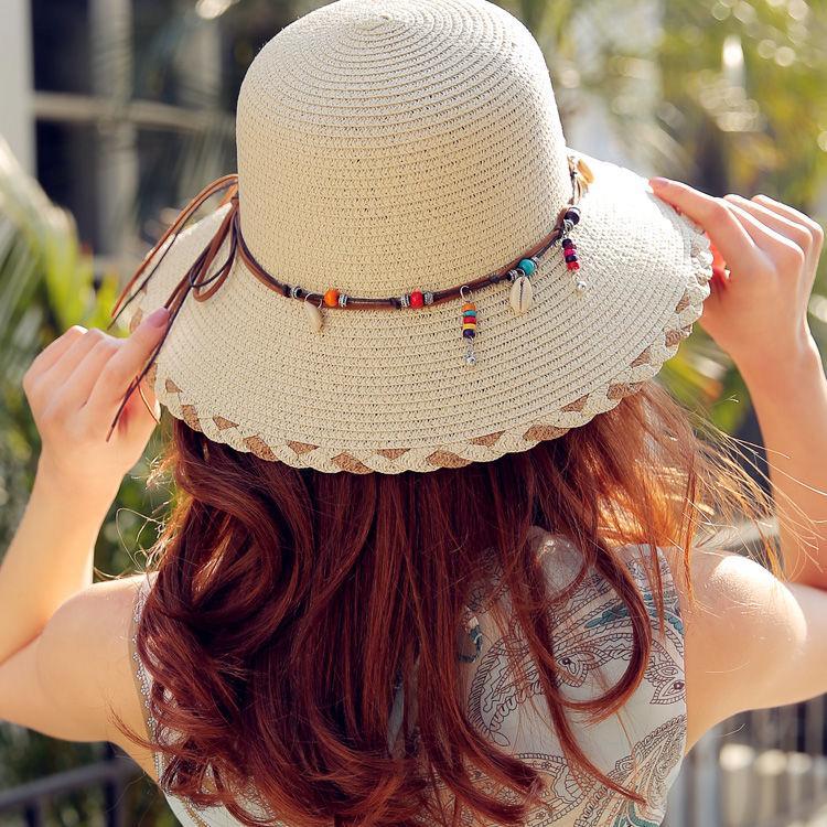 草帽女夏天沙滩帽大檐可折叠小清新太阳帽韩版百搭出游度假遮阳帽