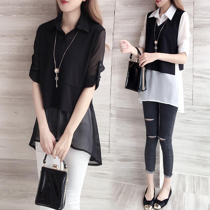 衬衫上衣件套衬衣宽松长袖春装雪纺