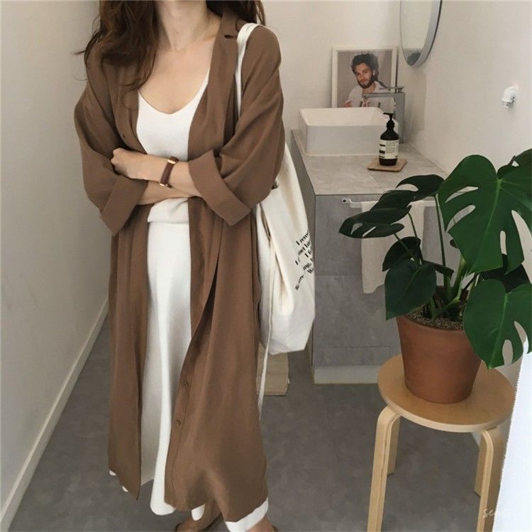 Spring and summer new ins super fire shirt skirt BF long sleeve shirt long windbreaker coat women's leaky clavicle sunscreen top