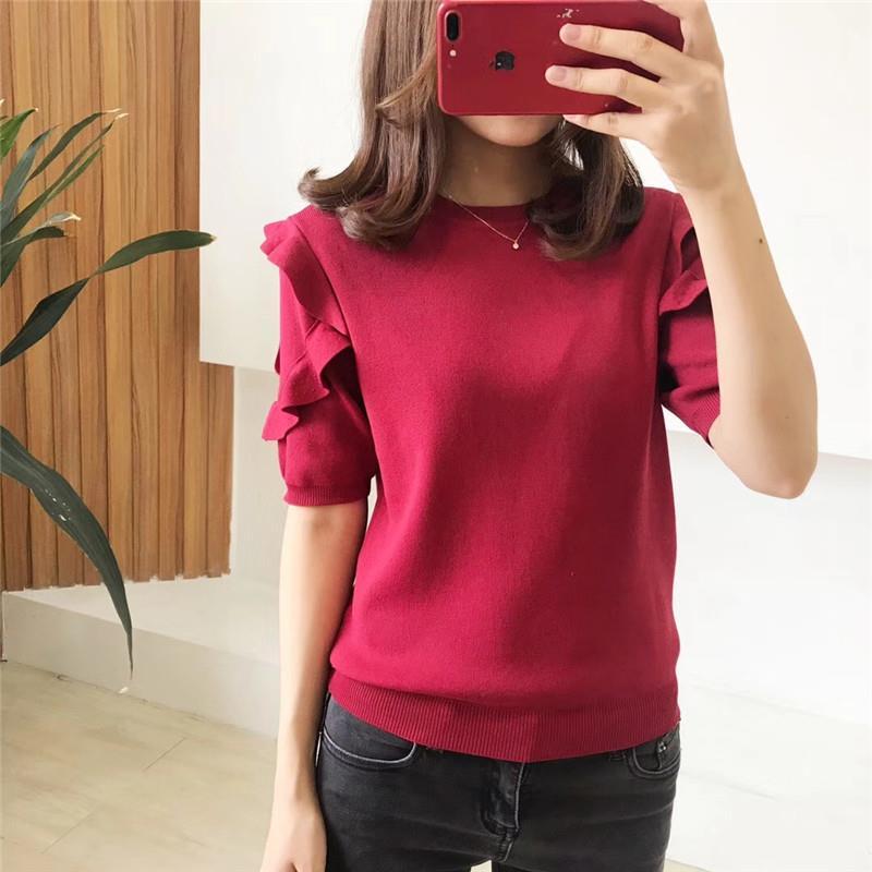 Early autumn new knitted T-shirt women's short sleeve loose and thin, round collar and lotus leaf sleeve top