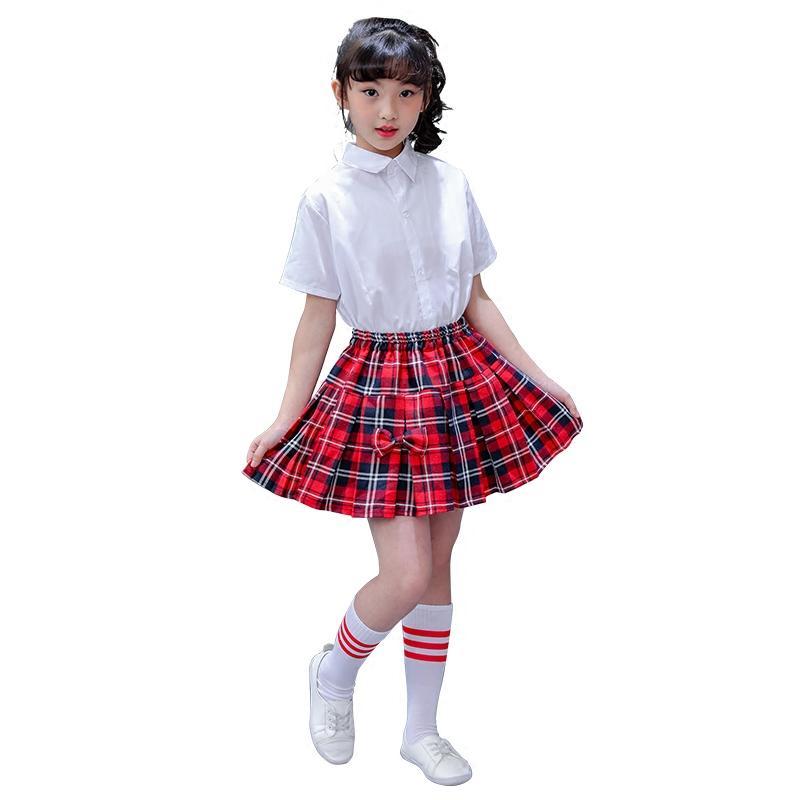 儿童校服白衬衫女童红色半身裙学生百褶裙女童演出服