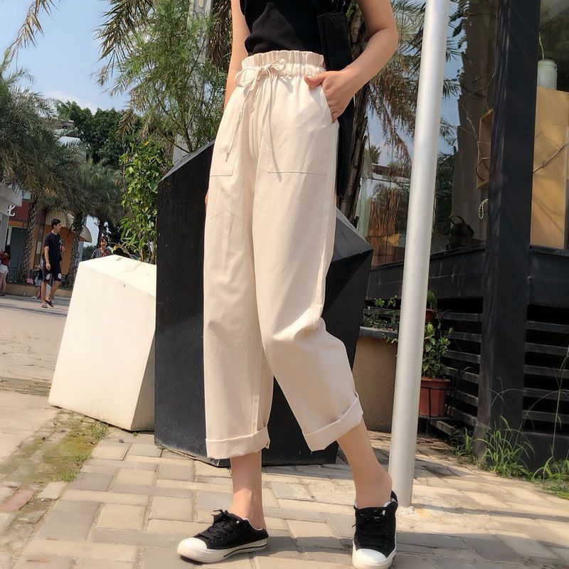 Children of overalls summer student nine point new Korean Harem Pants loose and versatile BF Style High Waist Wide Leg Pants thin