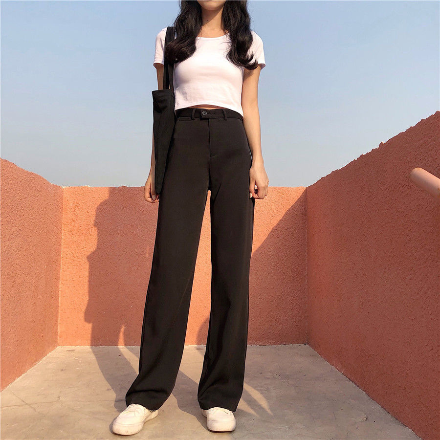 Wide leg pants women's spring and autumn high waist drop feeling loose vertical feeling thin straight tube student black trousers floor dragging women's trousers