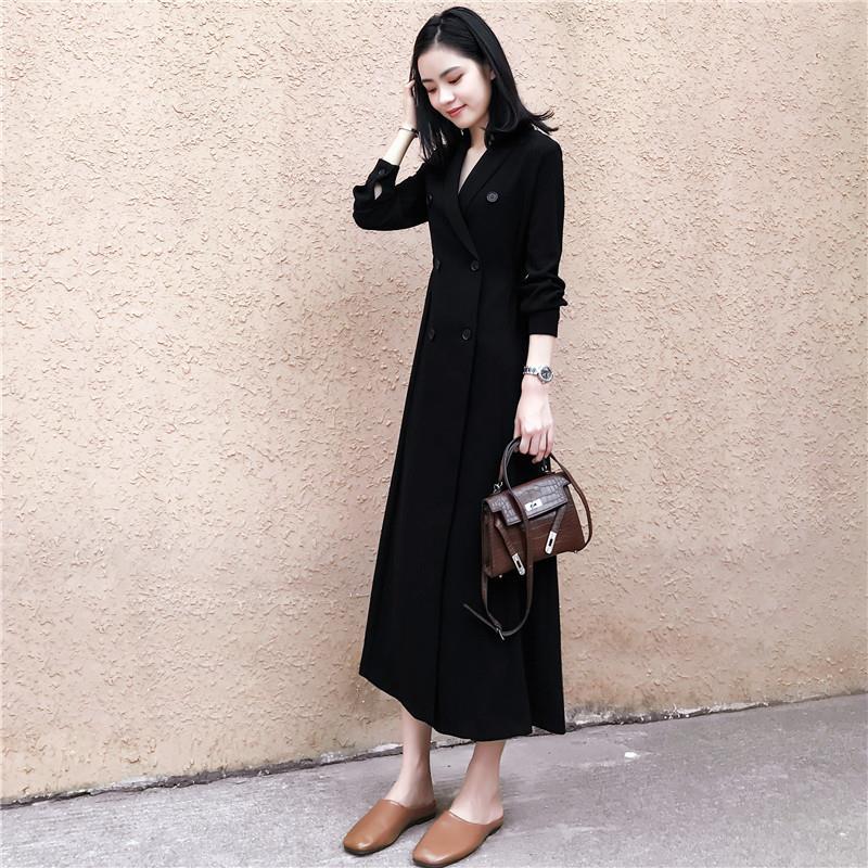 Spring and autumn 2020 new women's Hepburn style long-sleeved Yamamoto French retro skirt long knee-length black dress