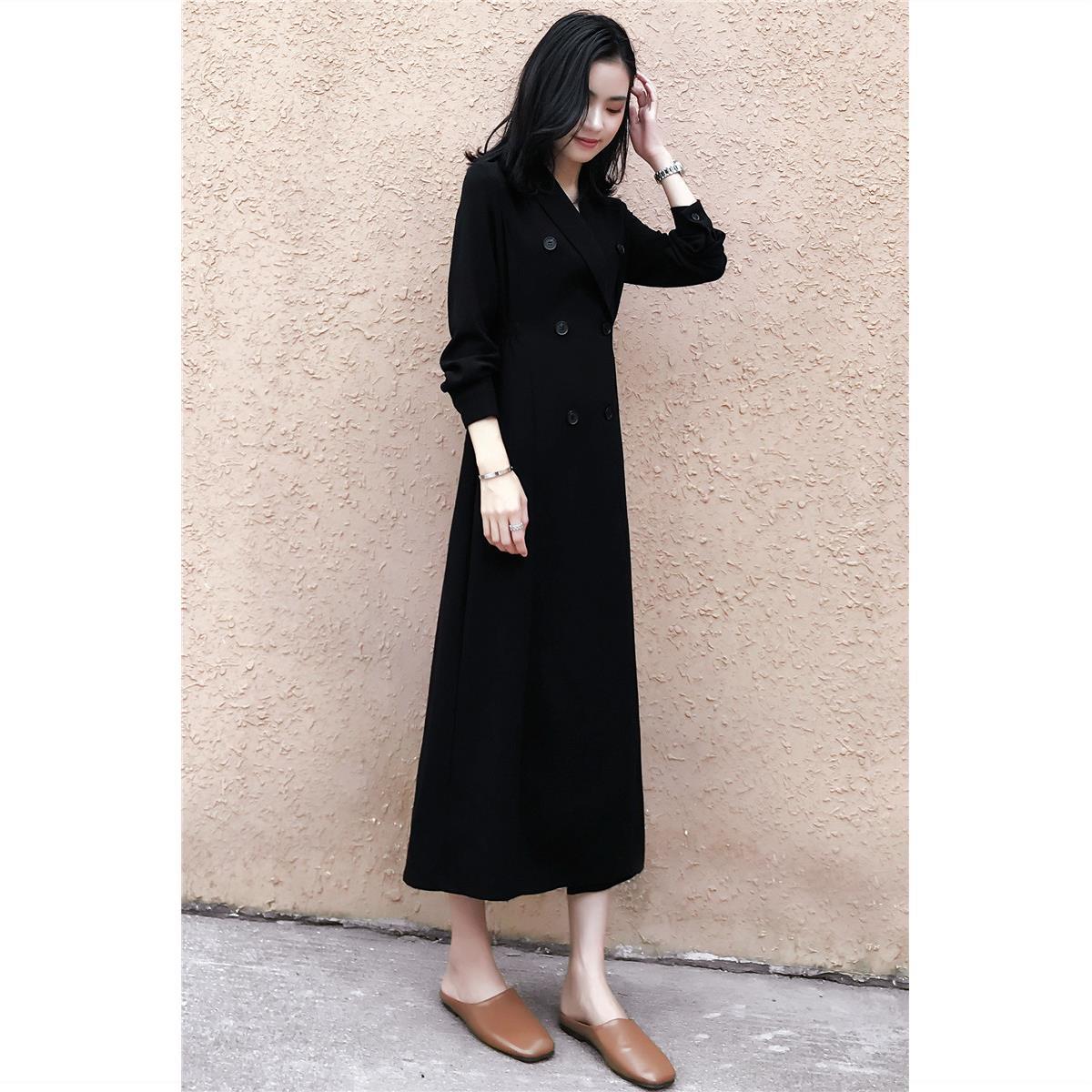 Spring and autumn 2020 new women's Hepburn style long-sleeved Yamamoto French retro skirt long knee-length black dress