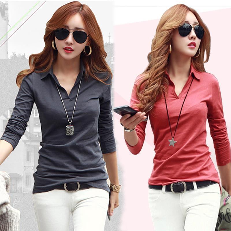 Pure cotton collar bottomed shirt spring and autumn new slim long sleeve T-shirt women's Polo Shirt