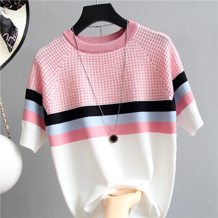 Breathable summer wear new Korean thousand bird check color contrast T-shirt women's Pullover slim stitching color T-shirt short sleeve
