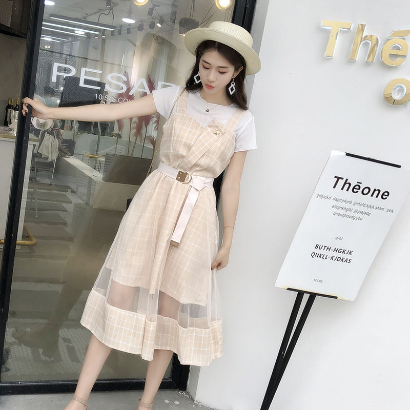 2020 new chic fairy long skirt Korean version two piece set sweet and careful machine mesh sling dress for students