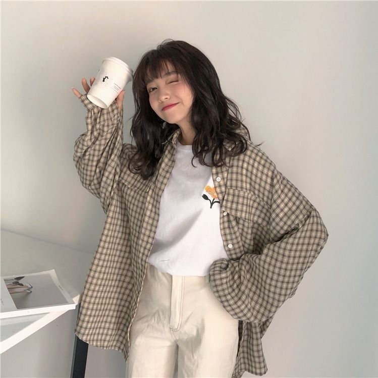 Ins retro shirt female student Korean version loose long-sleeved shirt all-match top slim cardigan jacket trendy