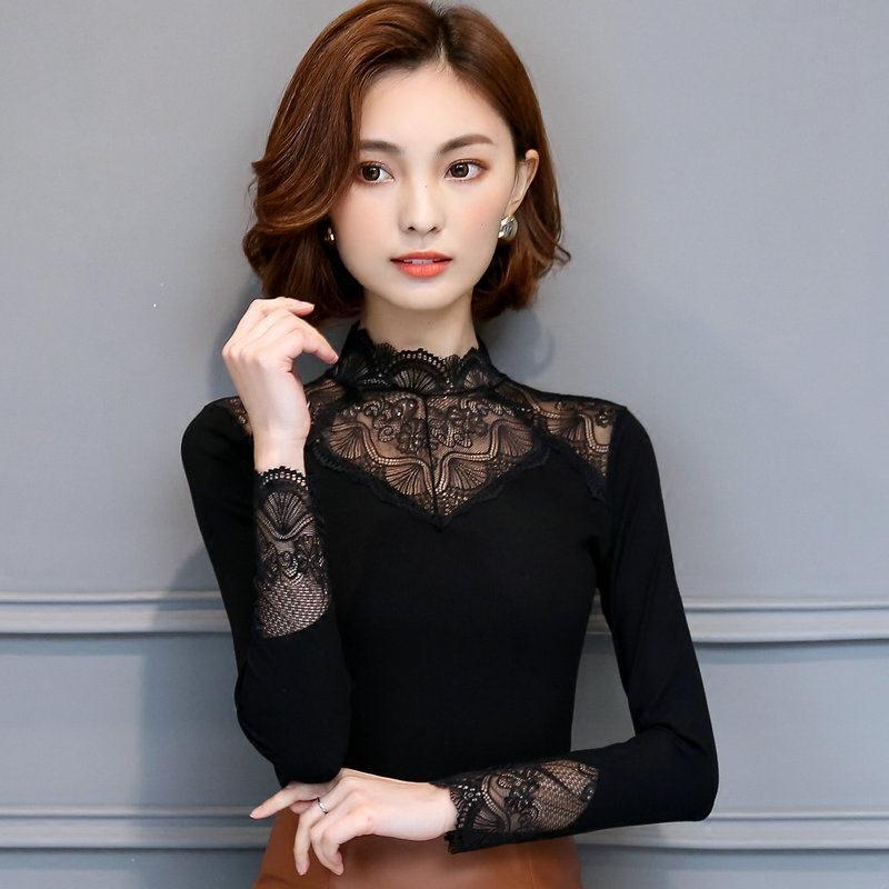 莫代尔蕾丝衫秋冬新款高领上衣长袖春装打底衫修身女百搭秋衣小衫