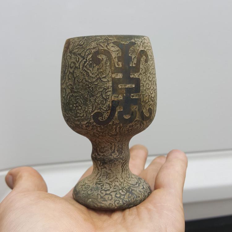 古玩杂项收藏复古做旧玉器工艺品汉白玉乾隆年制浮雕花纹寿字玉杯