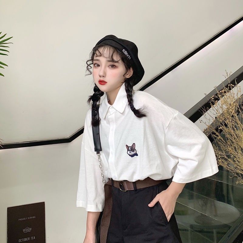 Shirt women's summer short-sleeved T-shirt junior high school students Korean version loose mid-length puppy all-match half-sleeved college wind shirt