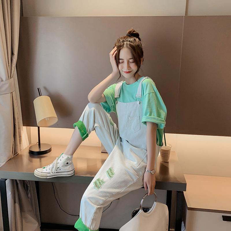 單件/套裝很仙背帶褲女2023新學生高腰寬鬆破洞牛仔褲網紅兩件套