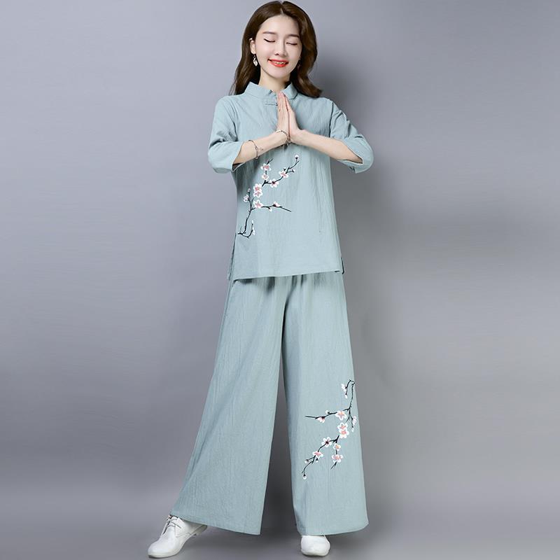 佛系居士服中式唐装汉服打坐禅修服中国风禅意女装棉麻茶服两件套