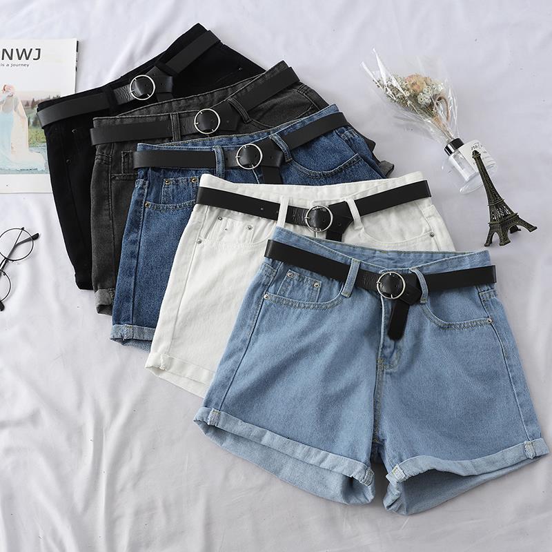 [free belt] high waist curled denim shorts women's summer 2020 Korean students' loose and thin wide leg pants