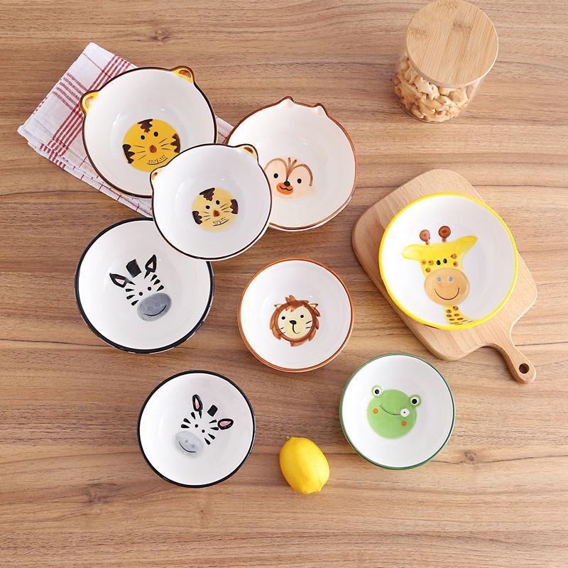 手绘卡通动物造型陶瓷餐具可爱软萌儿童饭碗创意学生家用面碗单个