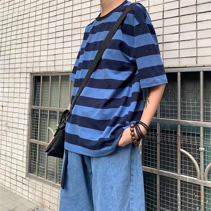 Hong Kong Style striped loose short sleeve boys and girls Korean fashion men's T-shirt versatile round neck casual 5-sleeve ins