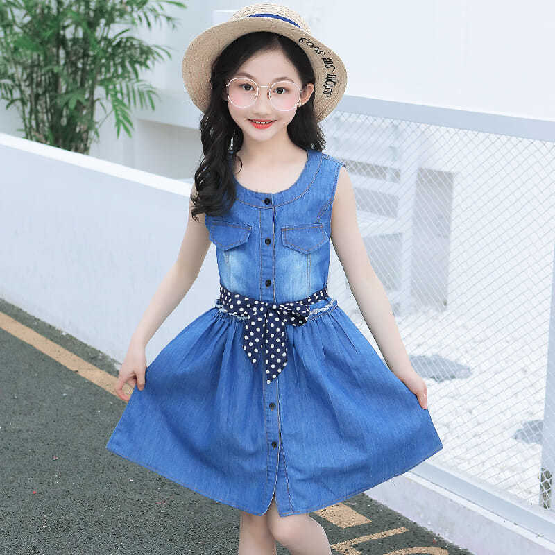 Girls' summer dress 2020 new fashion dress for middle and large children, little girl denim skirt 12-15 years old fashionable 7