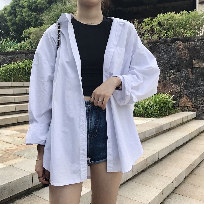 Spring and summer new mid long style Korean loose BF long sleeve white shirt women's versatile student shirt thin coat top