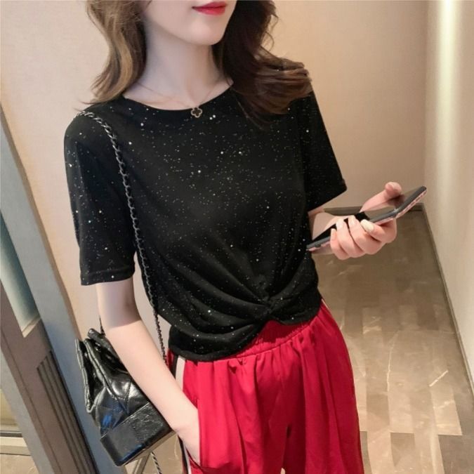 Summer 2020 new Korean round neck pullover with exposed navel black sequins short sleeve T-shirt for women ins careful machine casual top