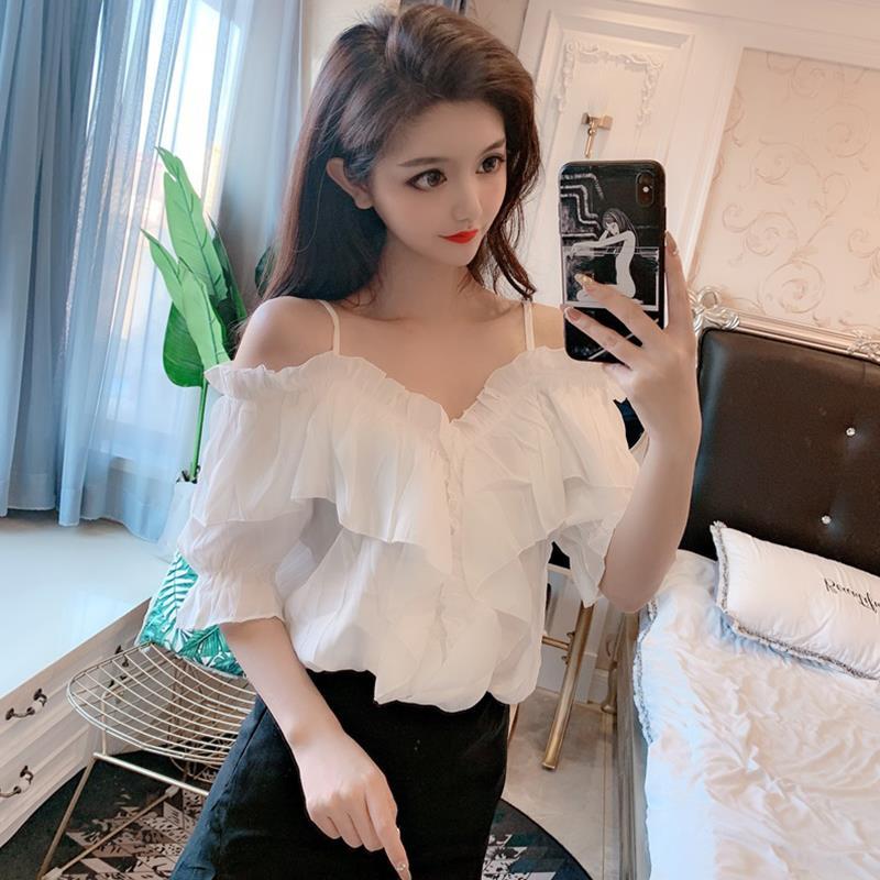 Net red and white top one shoulder Korean off shoulder collarbone short sleeve western style suspender one line collar shirt woman