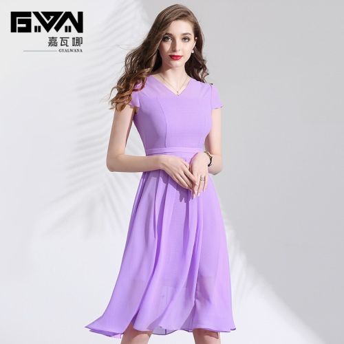 嘉瓦娜夏装2021新款女短袖v领粉紫色连衣裙气质显瘦雪纺裙中长款