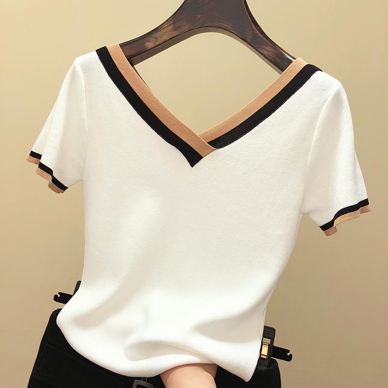 Spring / summer 2020 new Korean thin T-shirt V-neck ice silk top women's slim bottoming Shirt Short Sleeve T-Shirt color matching