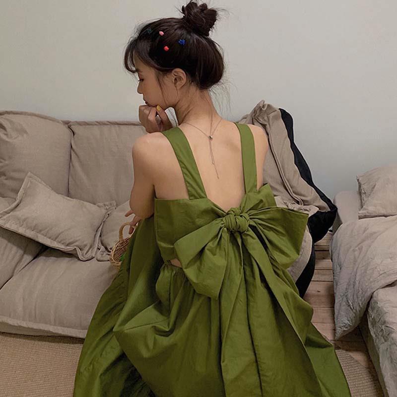 裙子超仙森系小清新牛油果綠吊帶連衣裙甜美露背綠色仙女裙夏女