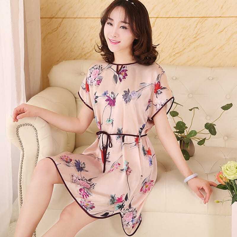 夏季真丝睡衣女100%桑蚕丝睡裙夏天薄款性感大码宽松丝绸家居服