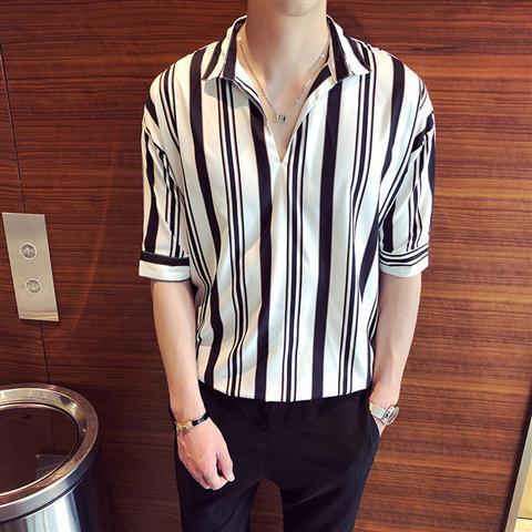 Summer striped shirt men's Korean Short Sleeve loose student trend Quarter Sleeve Shirt casual medium sleeve thin shirt