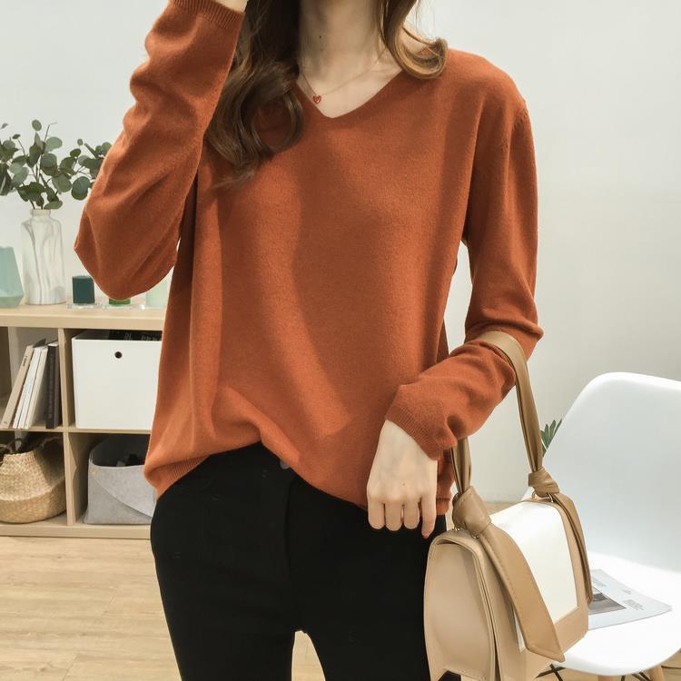 Long sleeve / medium sleeve core spun yarn spring and autumn Korean loose and thin V-Neck Sweater women's solid color T-shirt women's top