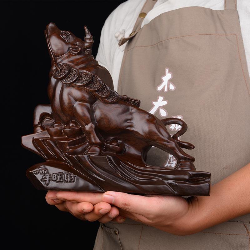 木大生 木雕摆件《福牛旺财》实木雕刻十二生肖牛家居装饰工艺品