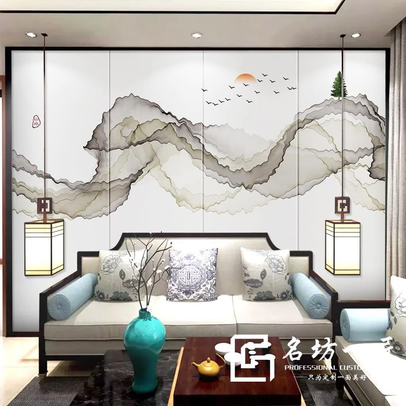 新中式背景墙水墨山水现代简约电视背景墙沙发客厅卧室床头软包墙