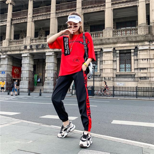 新款抖音同款运动休闲女装嘻哈风跳舞鬼步舞衣服跑步套装街舞夏季