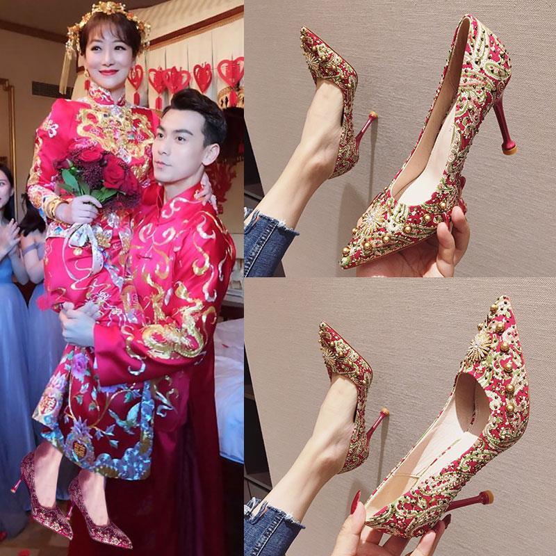 婚鞋女紅色高跟鞋細跟2019新款百搭公主芥末新娘鞋網紅結婚秀禾鞋