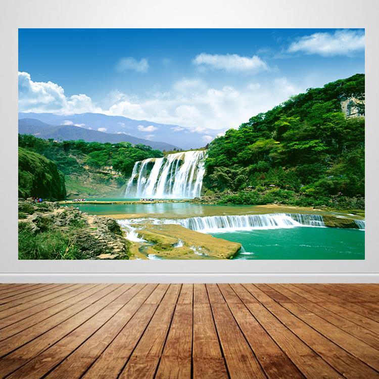 蓝天白云山水风景画树林岩石瀑布海报中堂客厅风水装饰贴画定做画