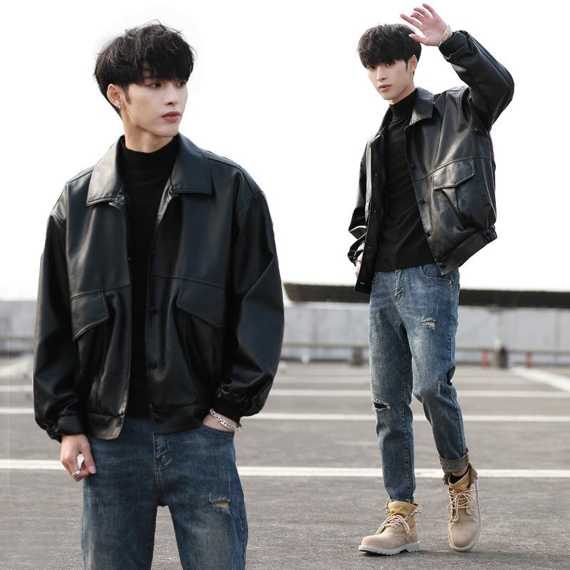 Korean fashion loose leather coat men's Plush motorcycle suit young student pilot leather jacket autumn winter coat fashion brand