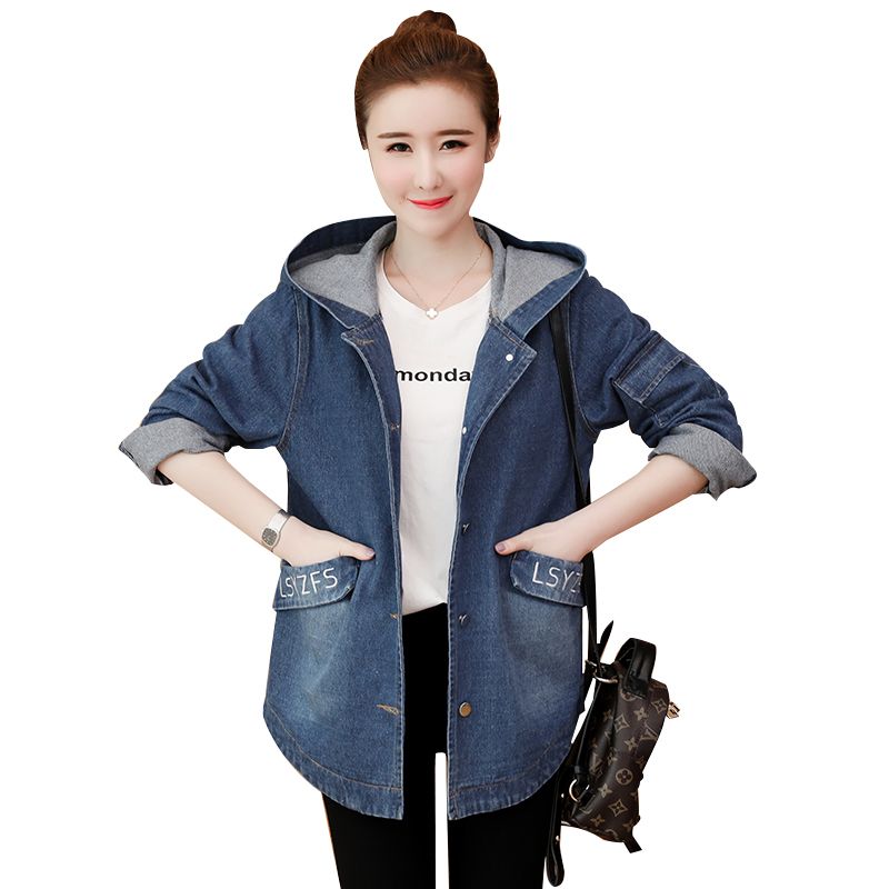 200kg large fashion trend embroidered top women's fat mm hooded versatile denim jacket fashion
