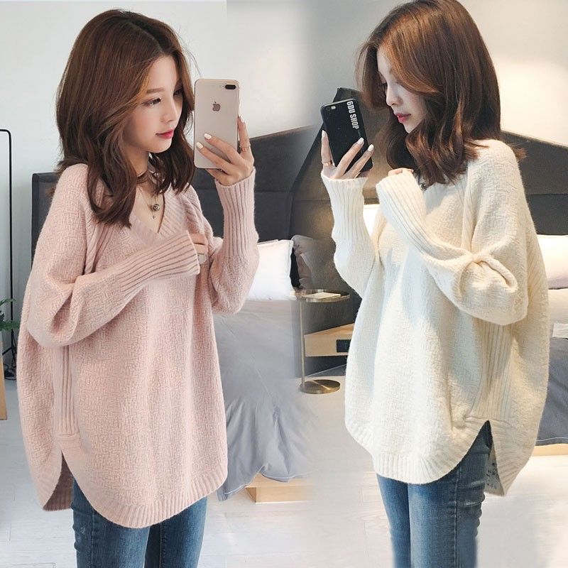Cashmere / no fleece autumn / winter net red V-neck Pullover Sweater women's loose and thin bottomed shirt Korean casual sweater