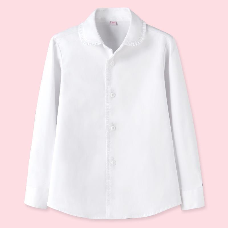 女童白衬衫长袖纯棉春秋韩版中大童中小学生校服儿童表演白色衬衣