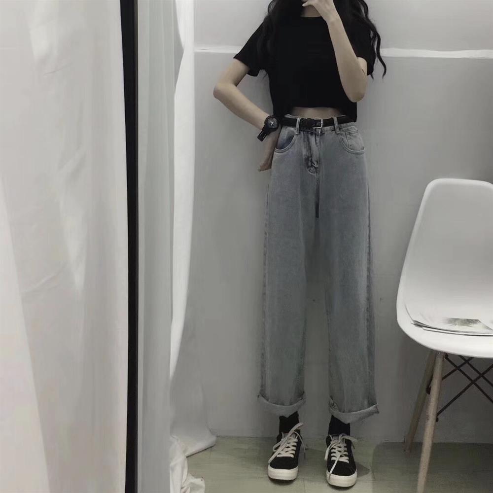 Yafeng spring and autumn Korean light loose high waist jeans for women thin straight tube wide leg pants for students