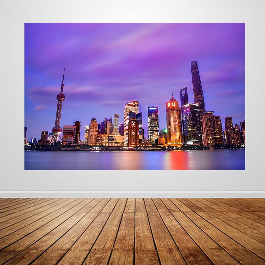 上海夜景繁华城市东方明珠海报画外滩城市建筑风景画装饰贴画a516