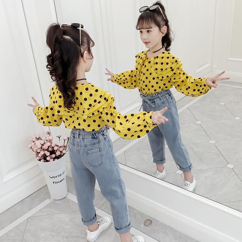 Girls' suit 2020 new foreign style autumn dress girls' jeans shirt children's wear children's pants two piece spring and autumn suit