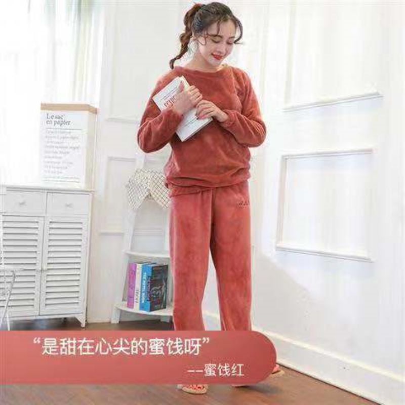 Fairy warm trousers suit coral fleece warm outer wear home clothes students sweet thick autumn and winter warm pajamas women