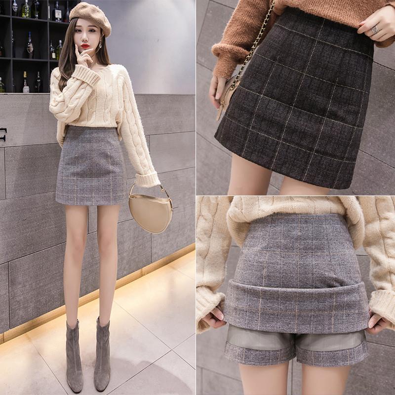 New Korean high waisted and slim women's Plaid tweed fashion and simple skirt A-line buttock skirt